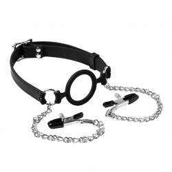 Rimba Latex Play - Mouth Gag with O-Ring and Nipple Clamps - Black